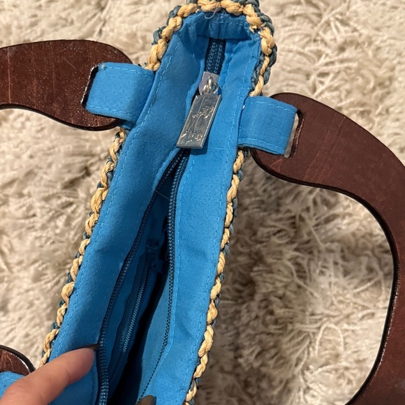 Blue & Tan Woven Tote Bag Women Beach Summer Straw Purse - Picture 4 of 5